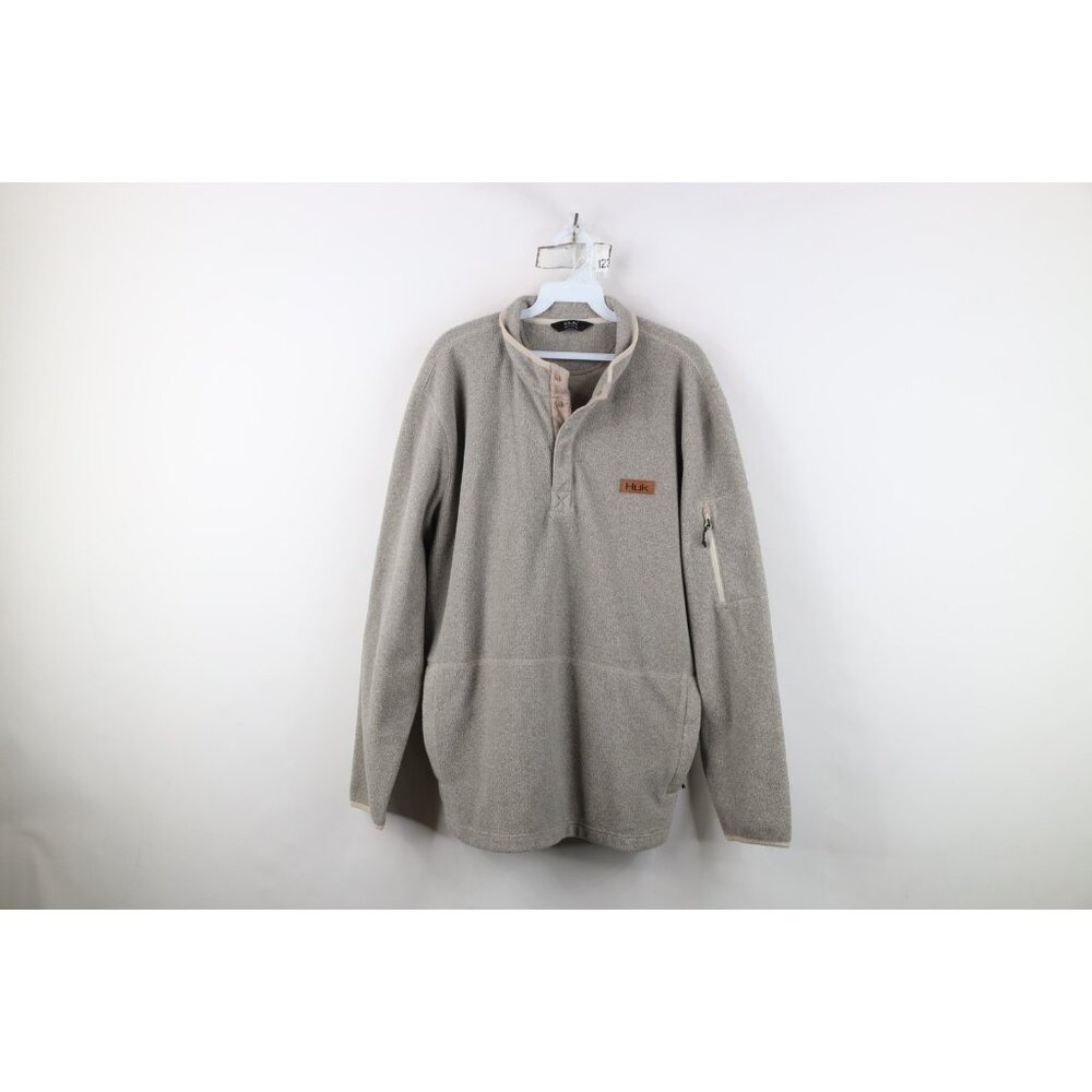 Huk Fishing Mens Large Spell Out Snap Button Fleece Pullover Sweater Beige